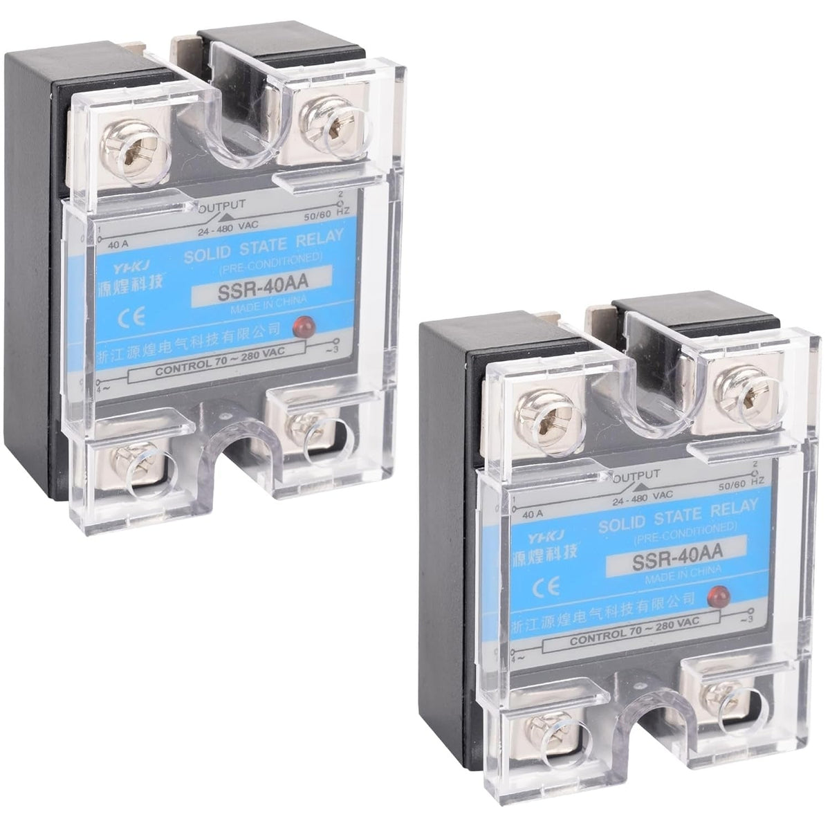 Two SSR-40AA solid state relays with clear protective covers and blue labels.
