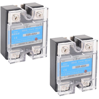 Two SSR-40AA solid state relays with clear protective covers and blue labels.
