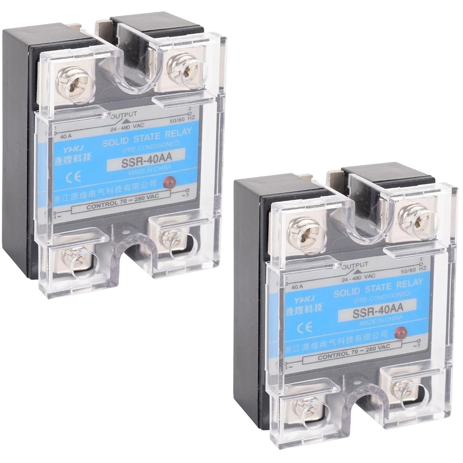Two SSR-40AA solid state relays with clear protective covers and blue labels.