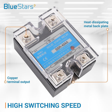 Single SSR-40AA solid state relay showing copper terminal outputs and heat-dissipating metal back plate.