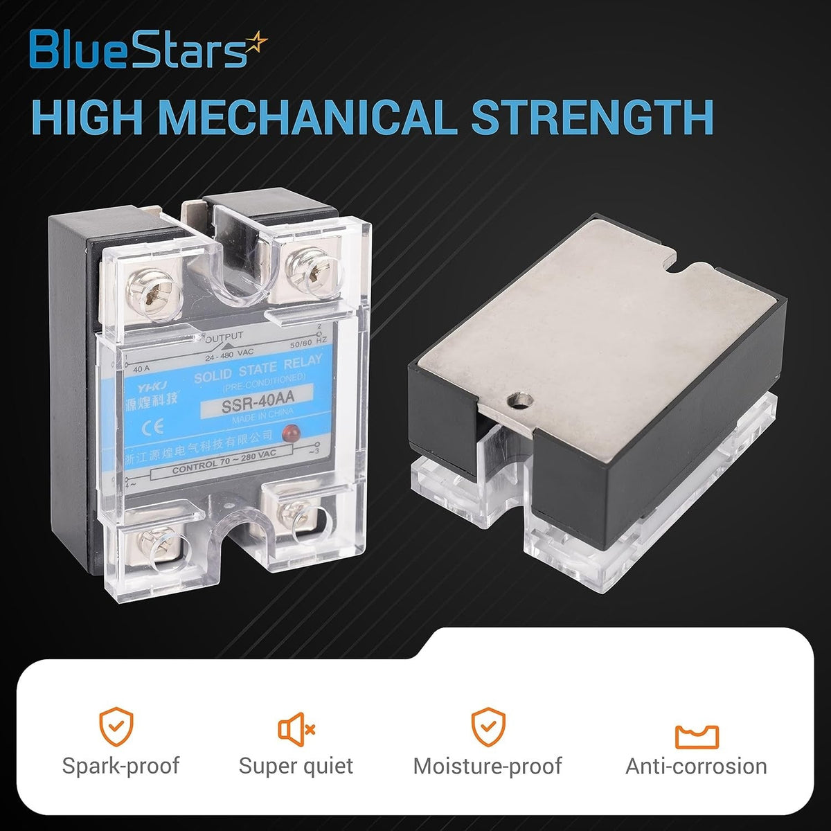 Two SSR-40AA solid state relays shown from front and top angles with technical specifications on the label.