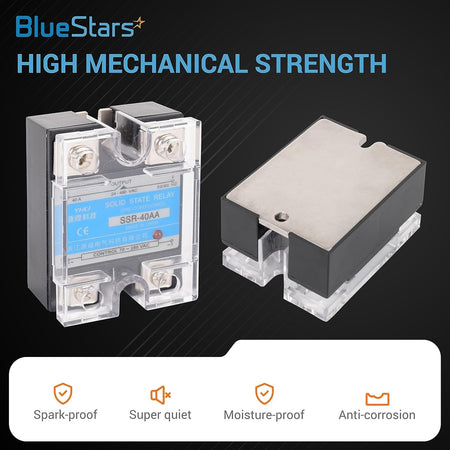 Two SSR-40AA solid state relays shown from front and top angles with technical specifications on the label.