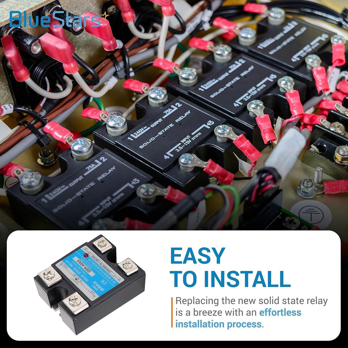 SSR-40AA solid state relay unit shown in a close-up product view with installation text overlay.