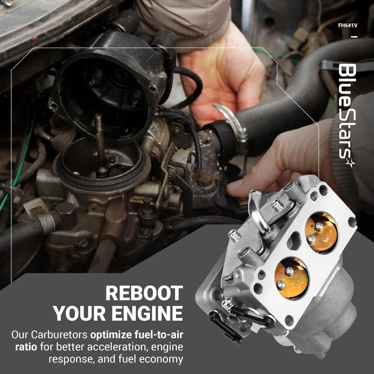 Replacement carburetor for 15004-1010 engine kit shown with mechanic working on engine assembly.