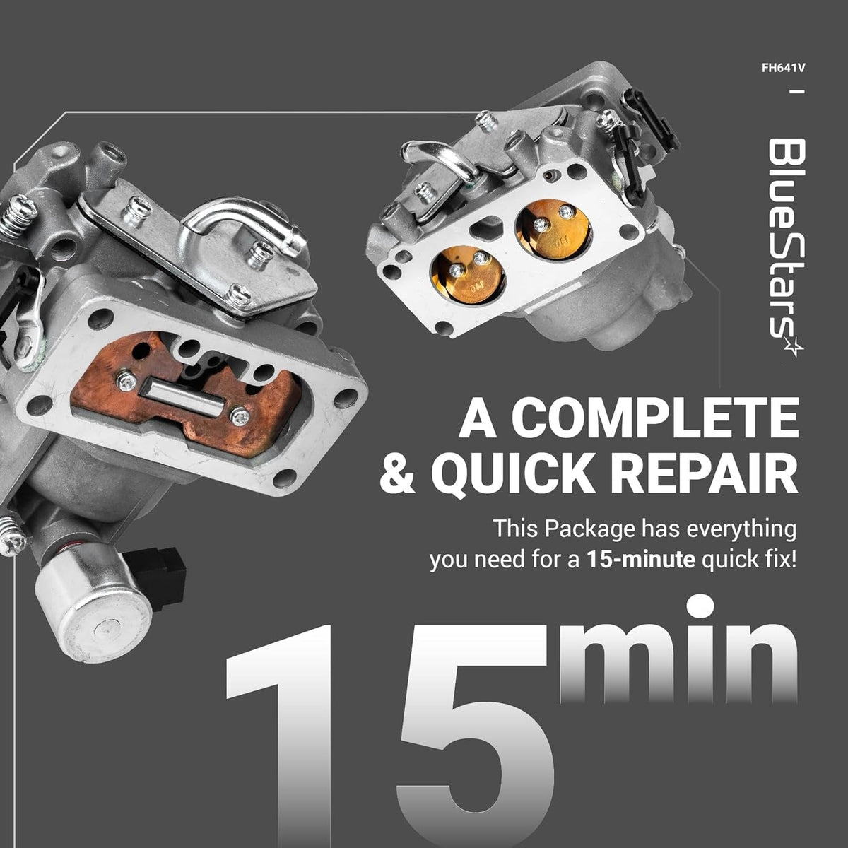 Two views of a 15004-1010 carburetor assembly for FH641V engines on a promotional repair kit background.