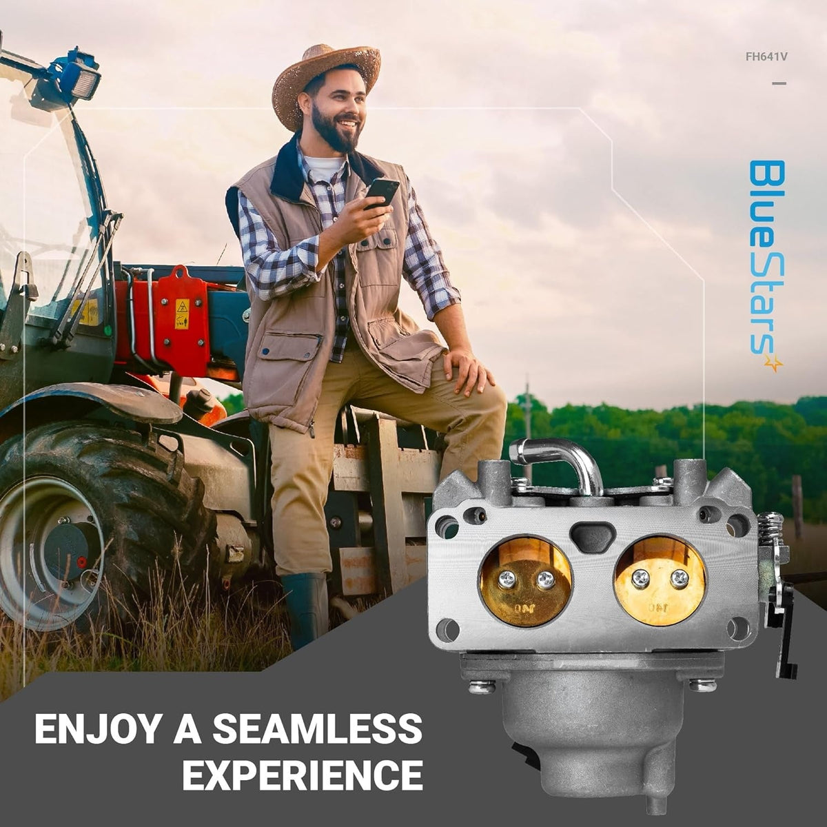 15004-1010 carburetor replacement part for FH641V engine shown in a promotional lifestyle graphic.