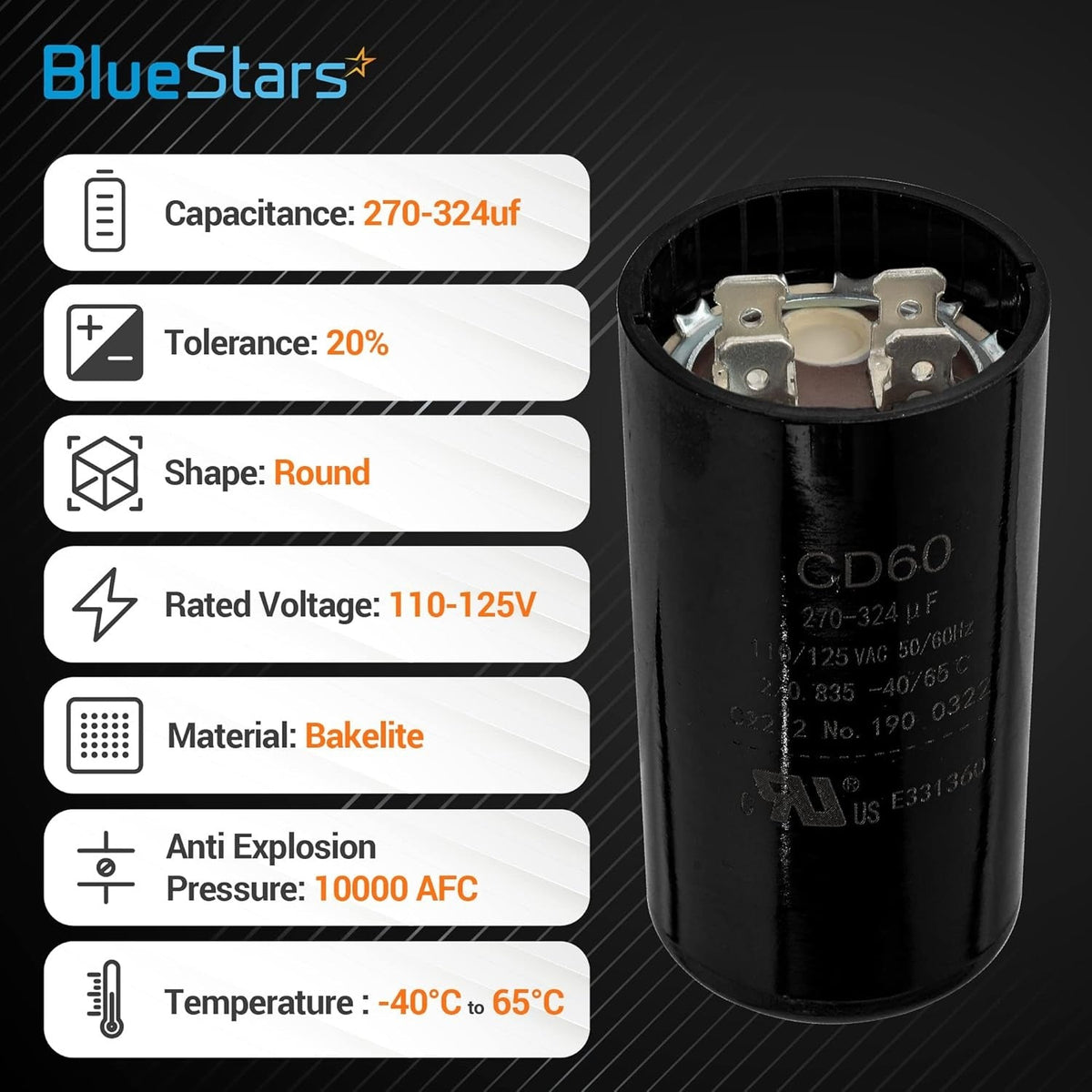Round motor start capacitor 270-324 uF 110-125 VAC with technical specification infographic.