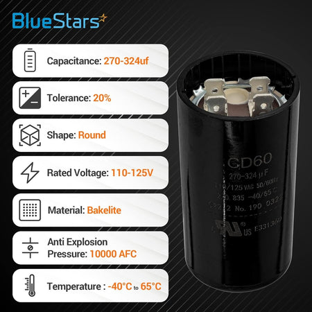 Round motor start capacitor 270-324 uF 110-125 VAC with technical specification infographic.