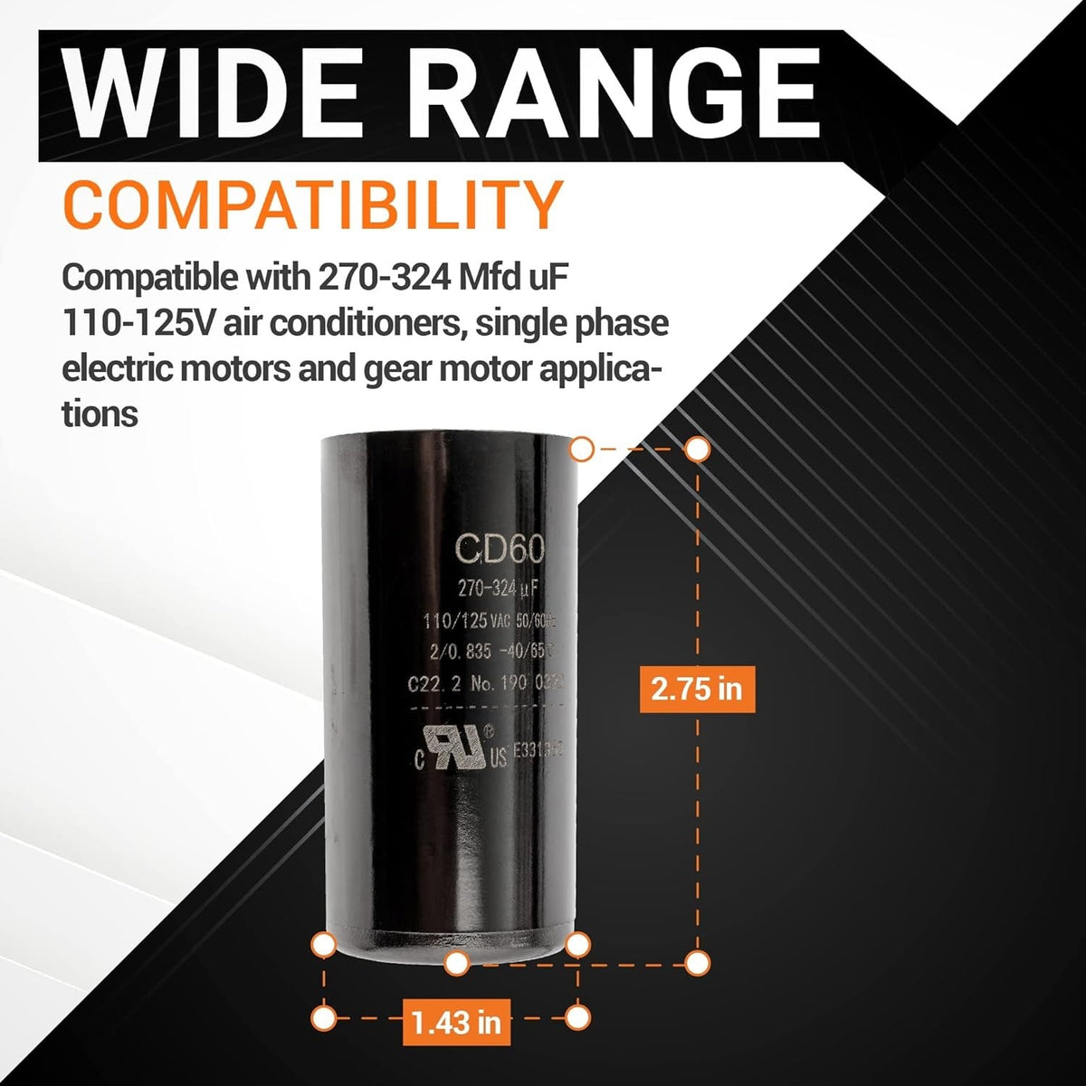 Round motor start capacitor 270-324 uF 110-125 VAC with 2.75 inch height and 1.43 inch diameter dimensions.
