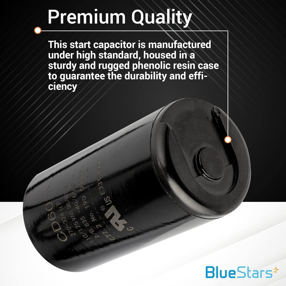 270-324 uF 110-125 VAC round motor start capacitor in a durable phenolic resin case.