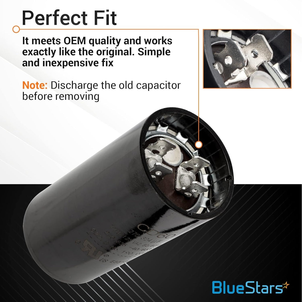 Round motor start capacitor 270-324 uF 110-125 VAC showing terminal connector detail and installation instructions.
