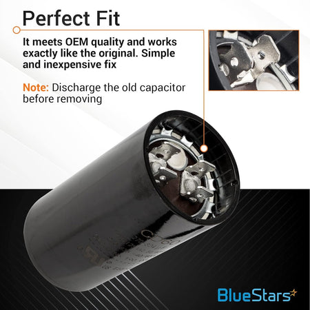 Round motor start capacitor 270-324 uF 110-125 VAC showing terminal connector detail and installation instructions.