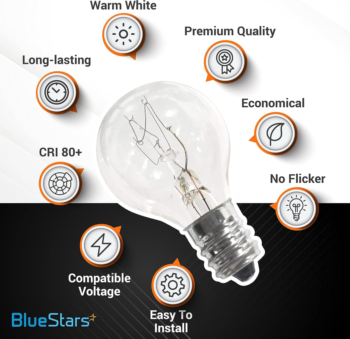 G30 20W replacement bulb for Scentsy warmers with infographic highlighting features like warm white and long-lasting.