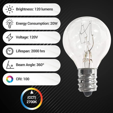 Single G30 E12 20W replacement bulb for Scentsy warmers with technical specifications infographic.