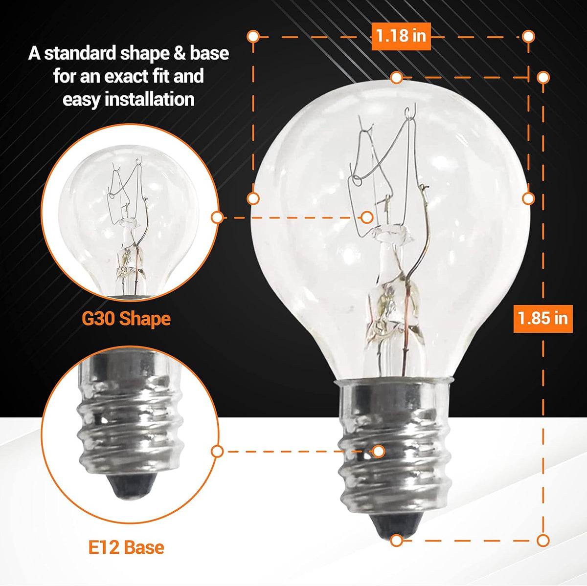 G30 20W bulb with E12 base showing dimensions for Scentsy warmer compatibility.