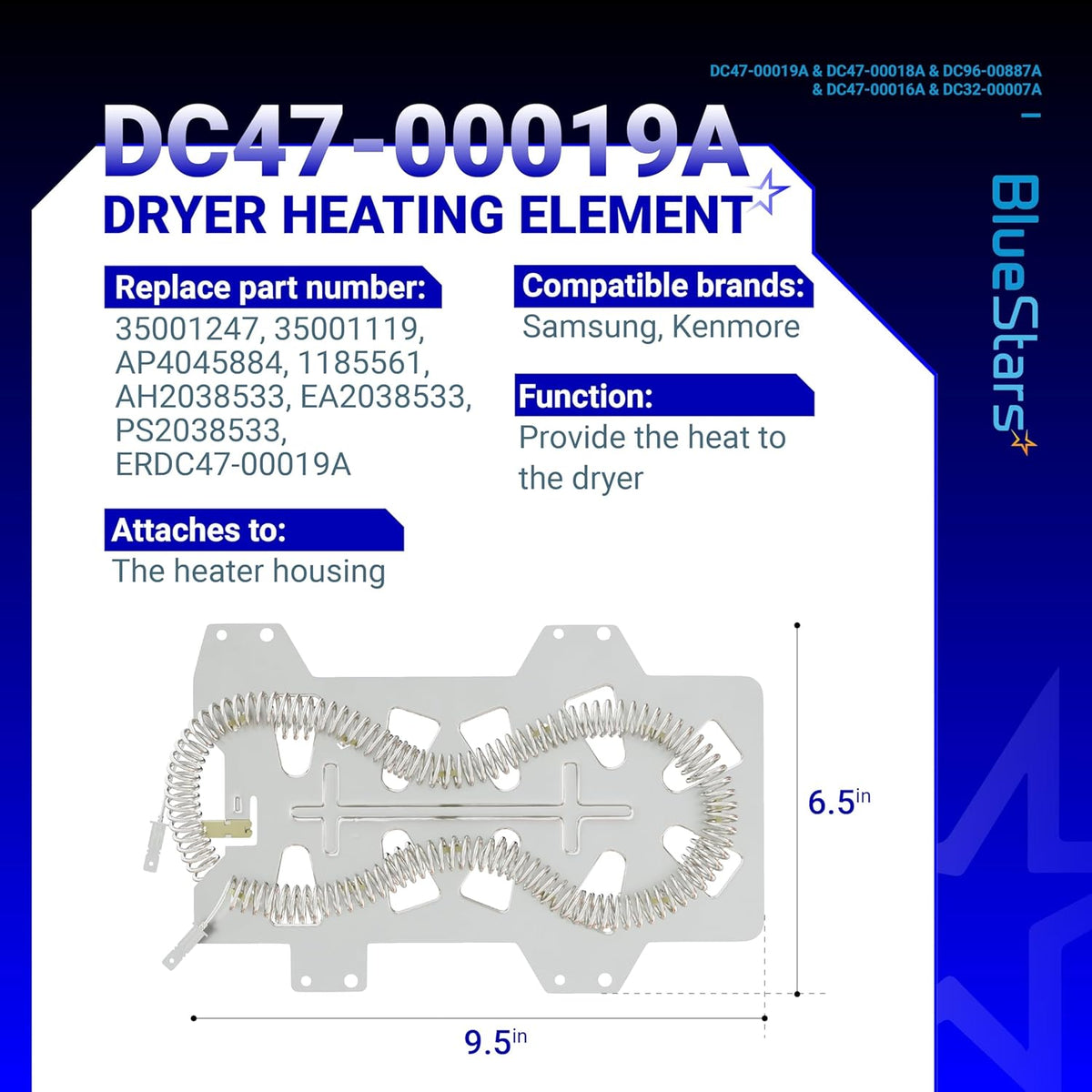 Infographic showing DC47-00019A dryer heating element specifications and dimensions for Samsung and Kenmore dryers.