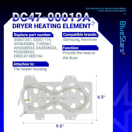 Infographic showing DC47-00019A dryer heating element specifications and dimensions for Samsung and Kenmore dryers.