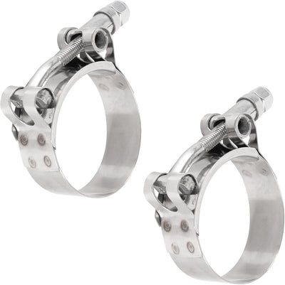 Two 1.5-inch 304 stainless steel T-bolt hose clamps with 44mm-50mm working range.
