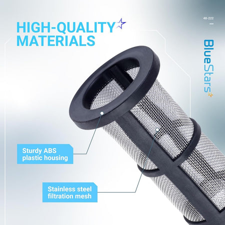 Close-up of 48-222 in-line filter screen showing ABS plastic housing and stainless steel mesh construction.