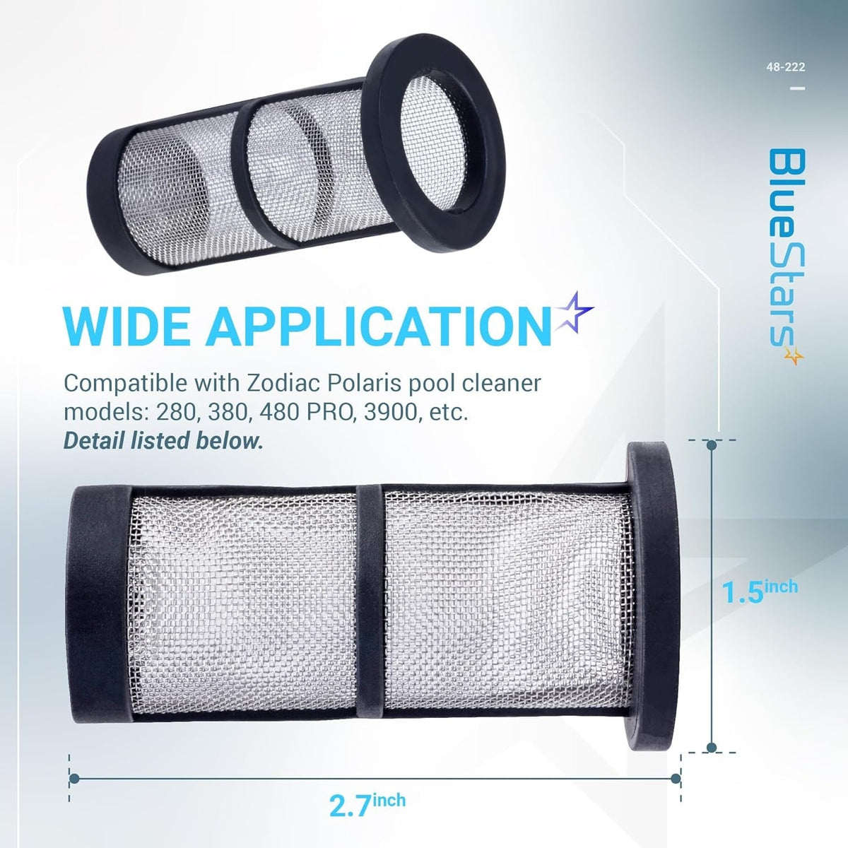 48-222 in-line filter screen replacement for Zodiac Polaris pool cleaners with dimensions shown.