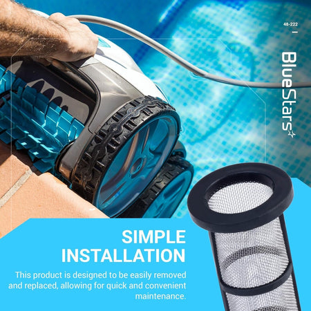 48-222 in-line filter screen replacement for Zodiac Polaris pool cleaners shown next to a pool vacuum.