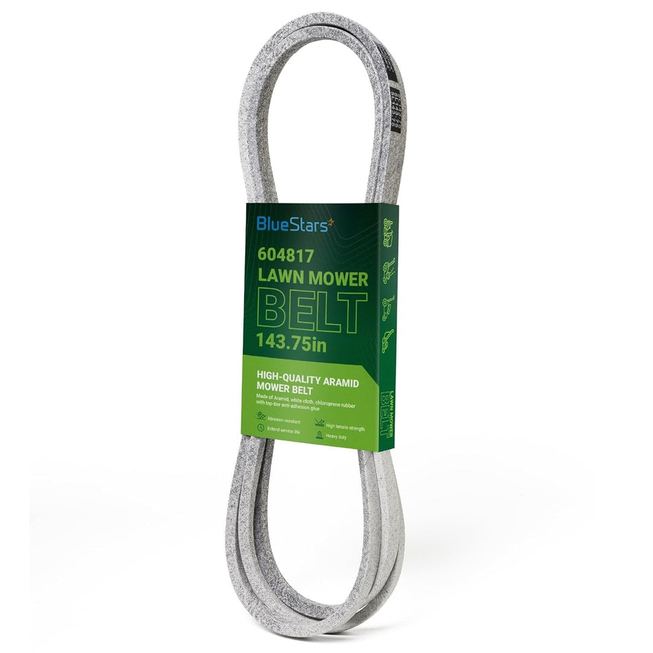 604817 mower deck belt for 54-inch Hustler zero-turn mowers, packaged in branded sleeve.