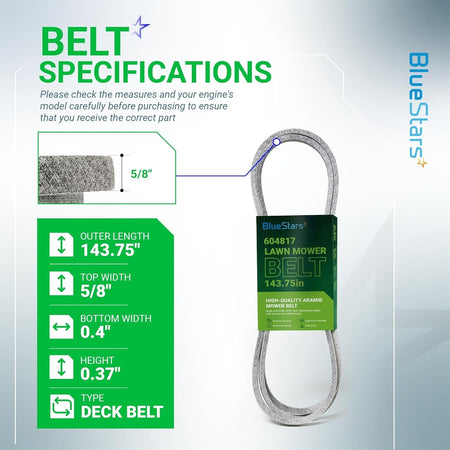 604817 mower deck belt specification chart showing 143.75-inch length and 5/8-inch width for Hustler zero-turn mowers.