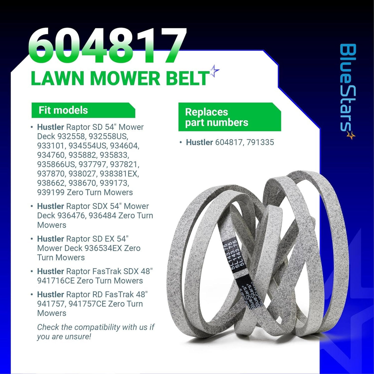 604817 mower deck belt for Hustler Raptor zero-turn mowers with compatibility and part number information chart.