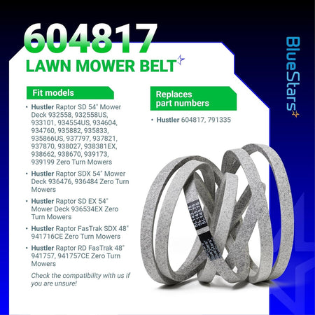 604817 mower deck belt for Hustler Raptor zero-turn mowers with compatibility and part number information chart.