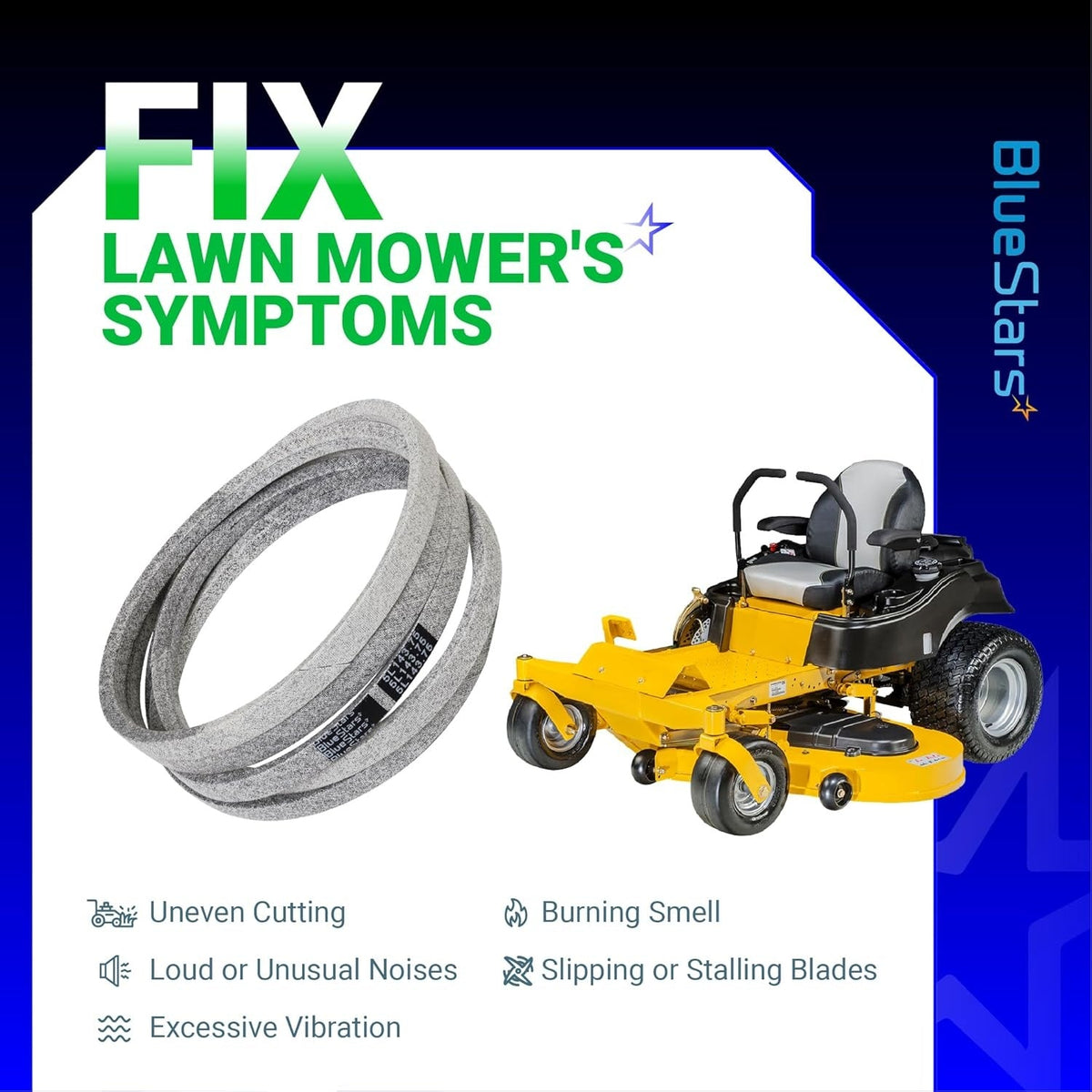 604817 mower deck belt for Hustler Raptor zero-turn mowers, showing symptoms of a worn belt and mower compatibility.