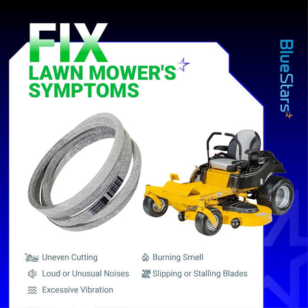 604817 mower deck belt for Hustler Raptor zero-turn mowers, showing symptoms of a worn belt and mower compatibility.