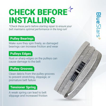 Installation guide for 604817 mower deck belt showing maintenance tips for pulleys and tensioners.