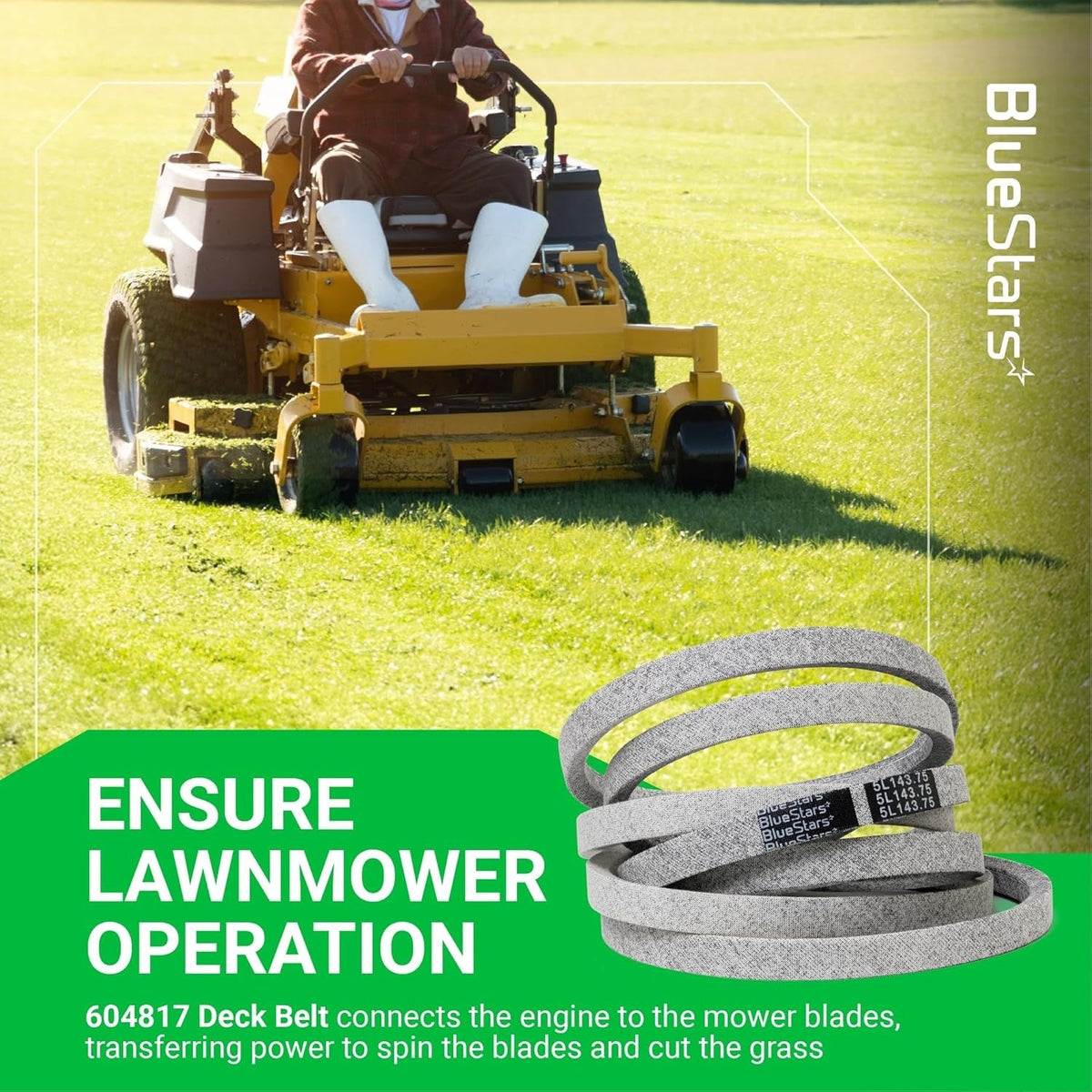 604817 mower deck belt for 54-inch Hustler zero-turn mowers shown with a lawnmower in operation.