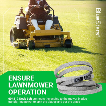 604817 mower deck belt for 54-inch Hustler zero-turn mowers shown with a lawnmower in operation.