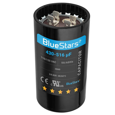 BlueStars 430-516 uF 110-125 VAC round start capacitor for single-phase electric motors.