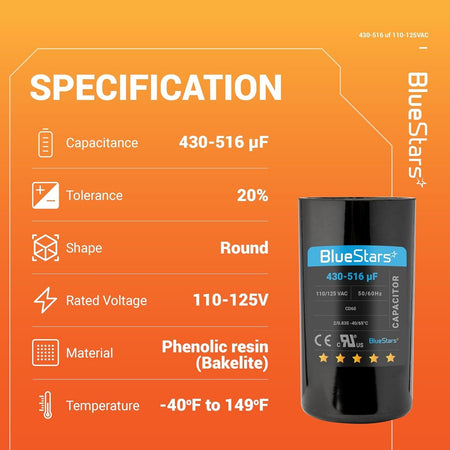 Specification chart for 430-516 uF 110-125 VAC round start capacitor for single-phase electric motors.