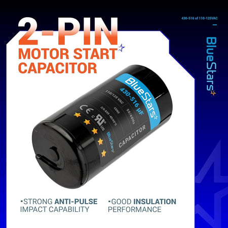 BlueStars 430-516 uF 110-125 VAC round motor start capacitor with 2-pin terminal.