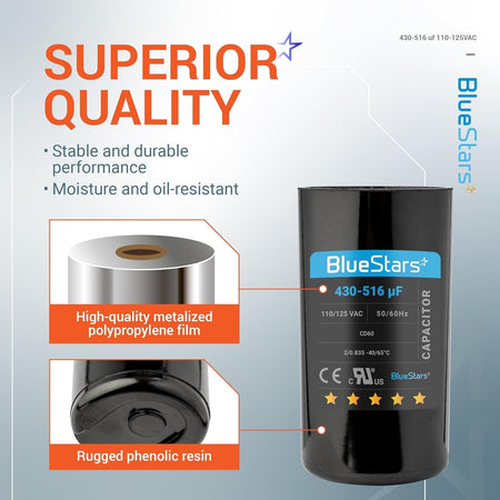 BlueStars 430-516 uF round start capacitor with detailed callouts for metalized film and phenolic resin construction.