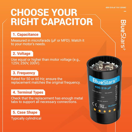 Infographic showing how to choose a 430-516 uF 110-125 VAC round start capacitor for electric motors.