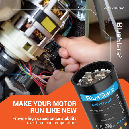 Close-up of a 430-516 uF round start capacitor being installed into a single-phase electric motor.