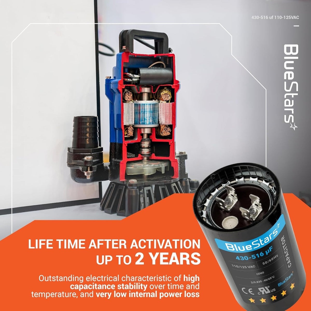 430-516 uF 110-125 VAC round start capacitor for single-phase electric motors shown with a cutaway pump motor.