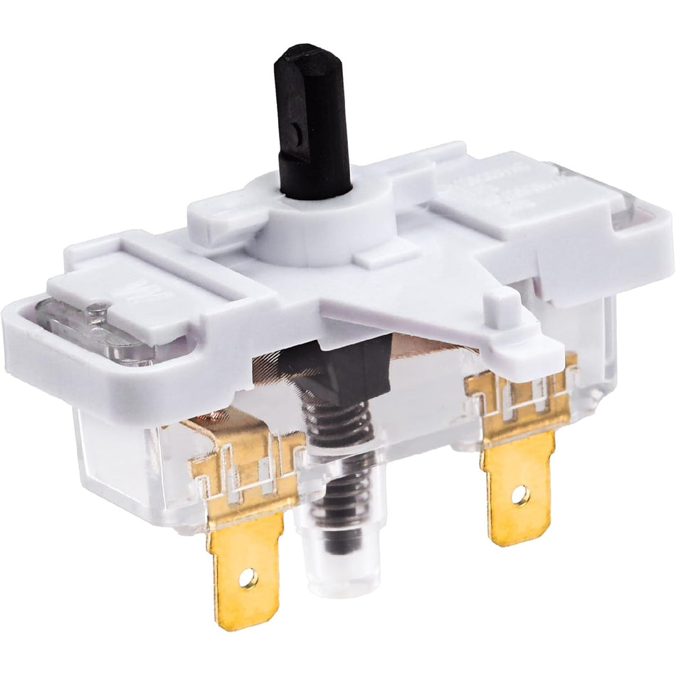WE4M416 dryer push-to-start switch replacement with white housing and metal terminals.