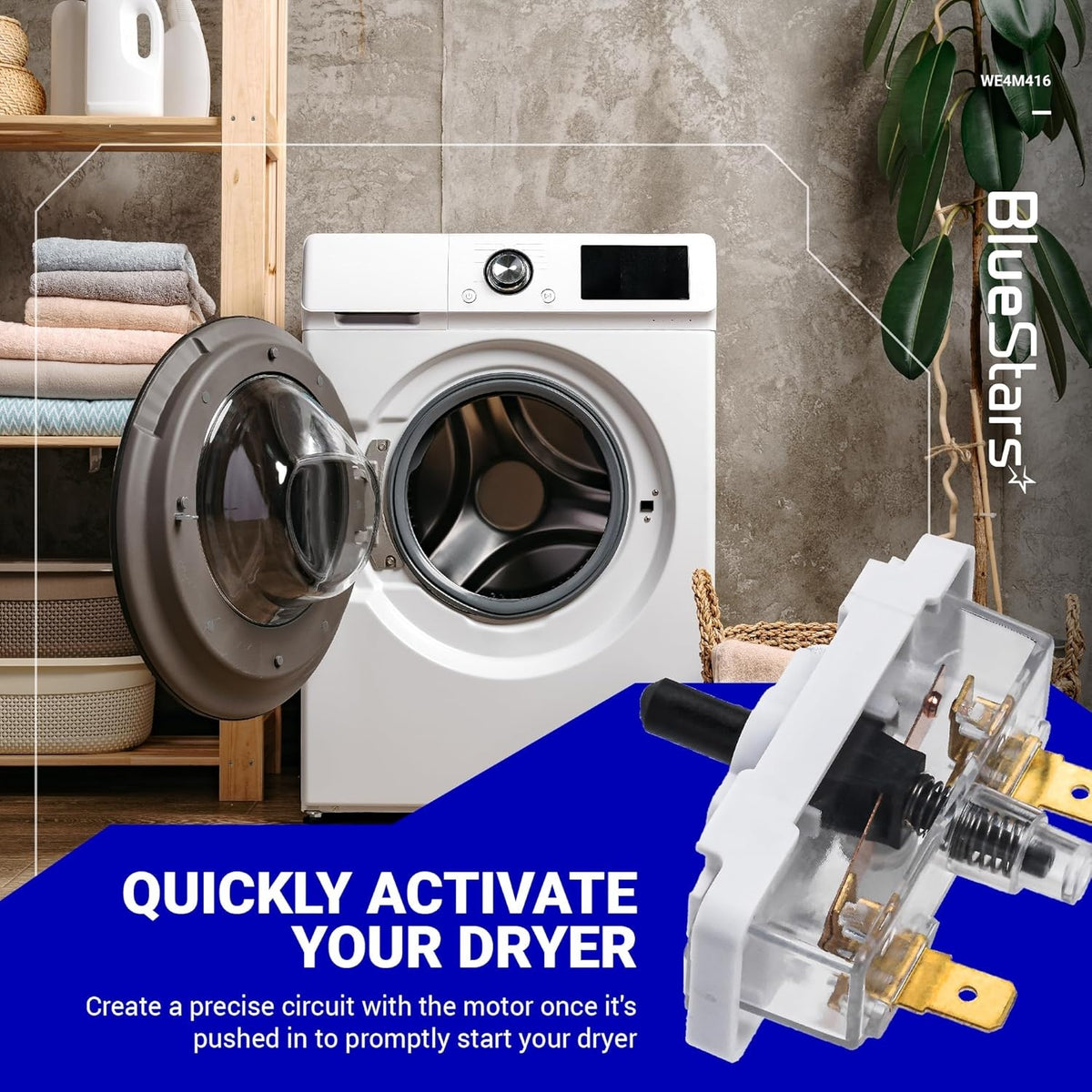 WE4M416 dryer push-to-start switch replacement component shown in a promotional graphic with a dryer background.