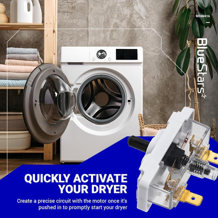 WE4M416 dryer push-to-start switch replacement component shown in a promotional graphic with a dryer background.