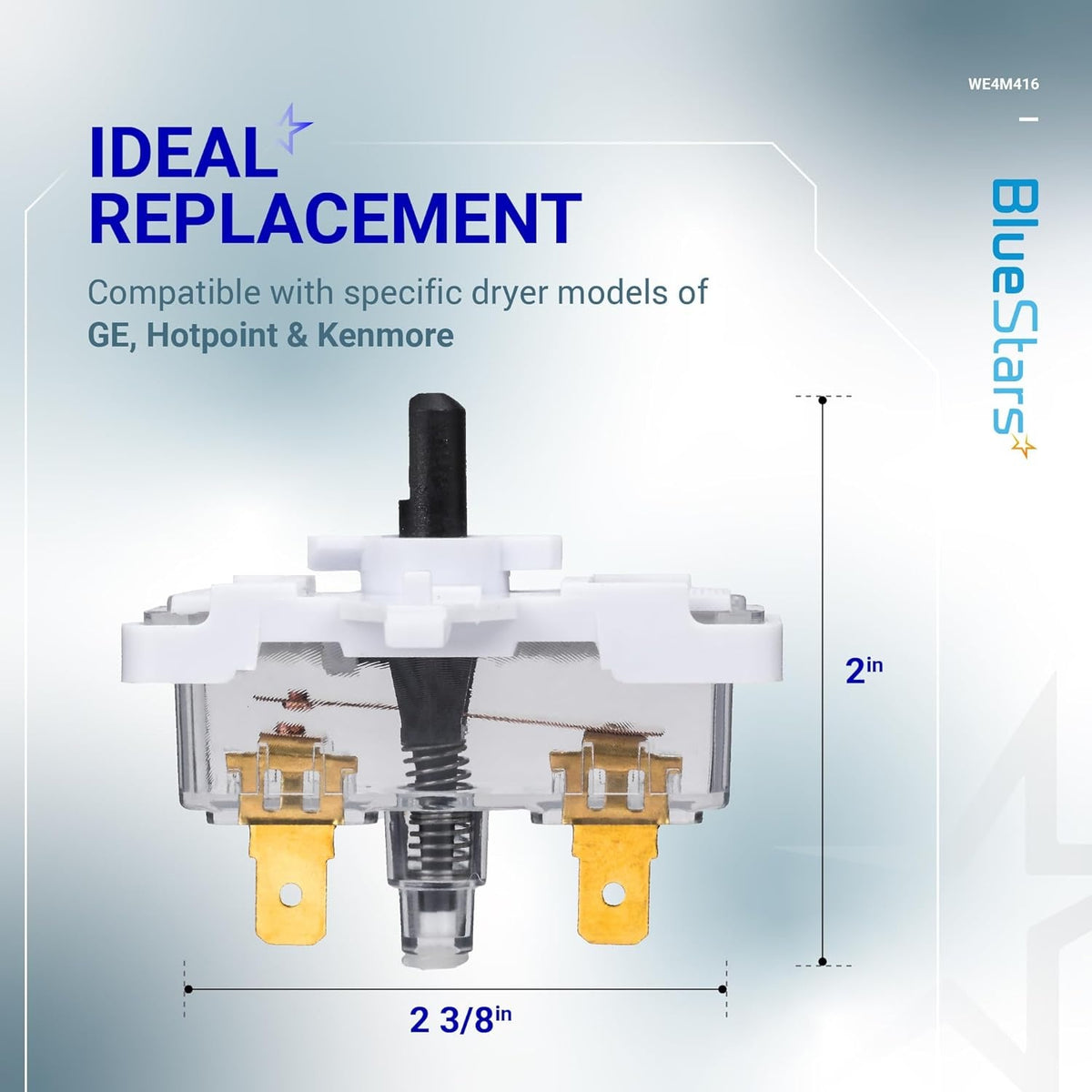 WE4M416 dryer push-to-start switch with dimensions shown for GE, Hotpoint, and Kenmore dryer compatibility.