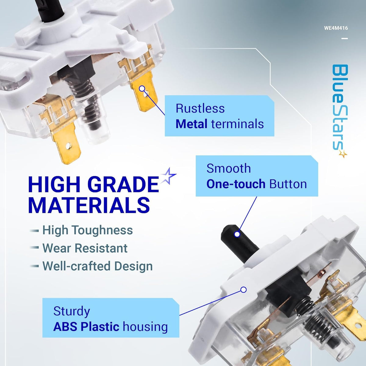 WE4M416 dryer push-to-start switch showing metal terminals, ABS plastic housing, and one-touch button features.