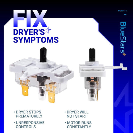 Two WE4M416 dryer push-to-start switches shown from front and side angles to illustrate common dryer repair symptoms.