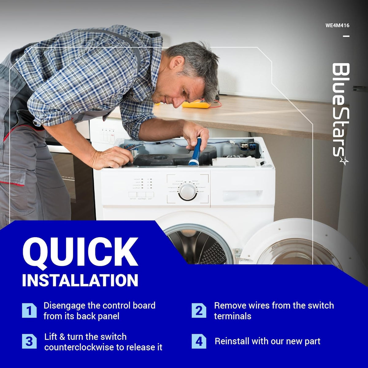 Technician installing a WE4M416 dryer push-to-start switch with step-by-step instructions.
