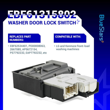 EBF61315802 washer door lock switch for LG and Kenmore front-load washing machines shown on an informational product card.