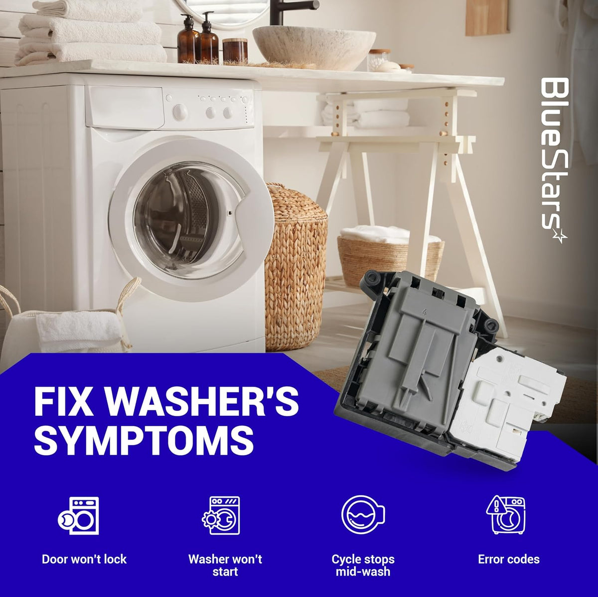 EBF61315802 LG washer door lock switch replacement part shown with laundry room background and troubleshooting icons.